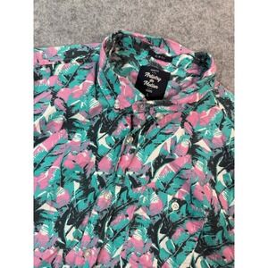 Artistry in Motion Mens Slim Fit Tropical Leaf Button Down Shirt Pink Teal Large